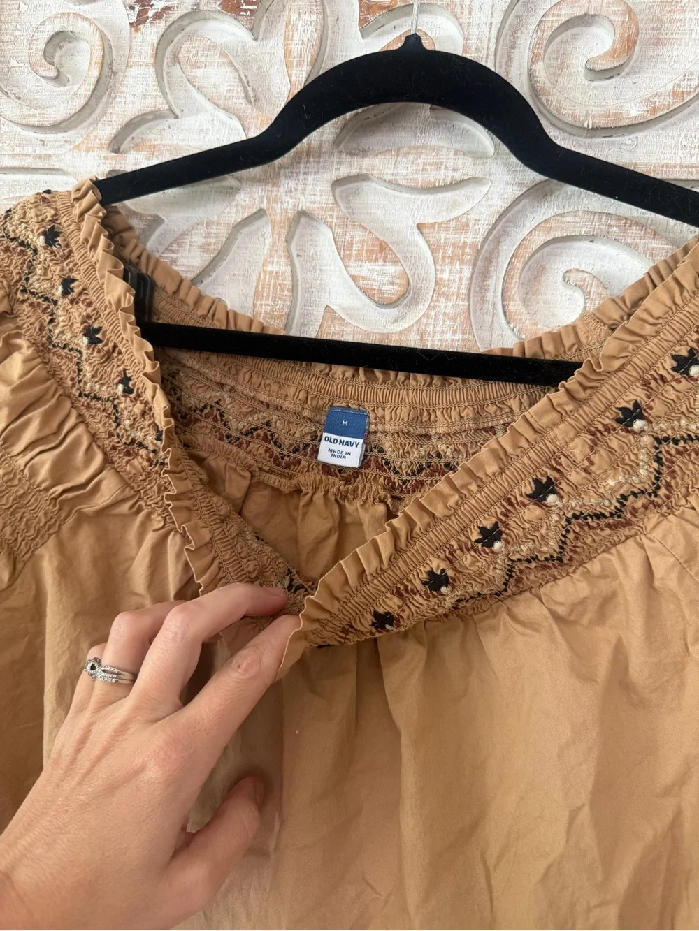 Embroidered Off-Shoulder Smocked Blouse Medium